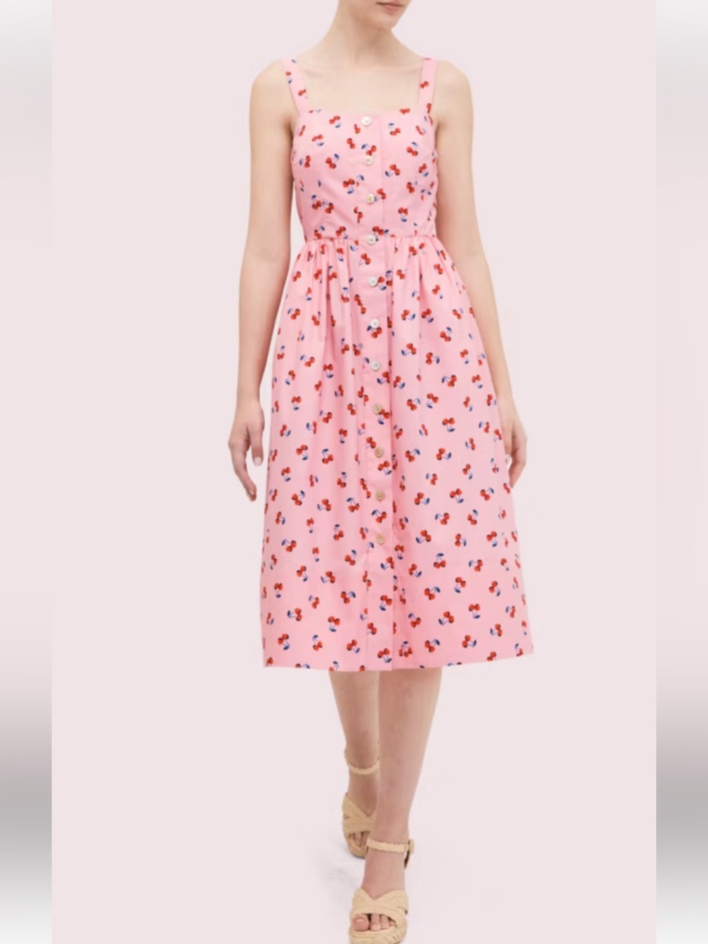 kate spade Pink  poplin Cherry  toss -Print Button-Front Midi dress NWOT 10